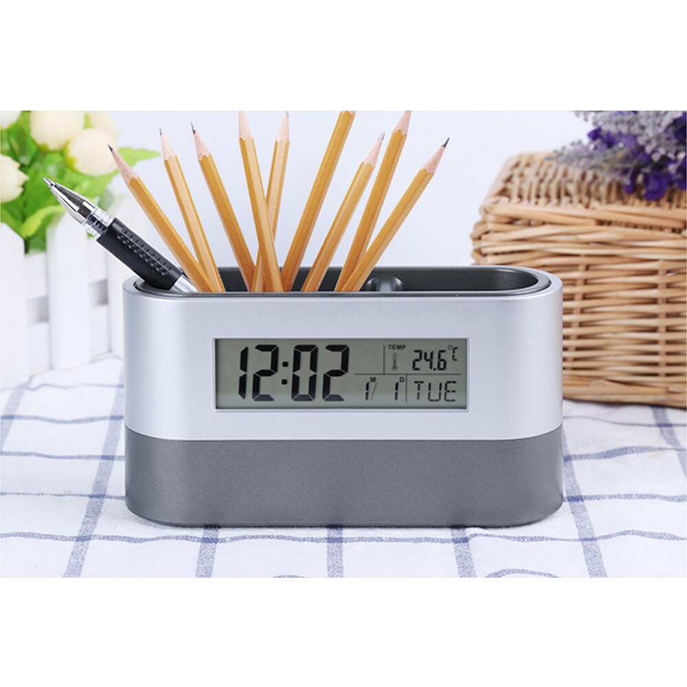 Office Desktop Storage Pen Holder Tools Name Card Container with Digital Alarm Clock Timer Calendar Temperature Thermometer
