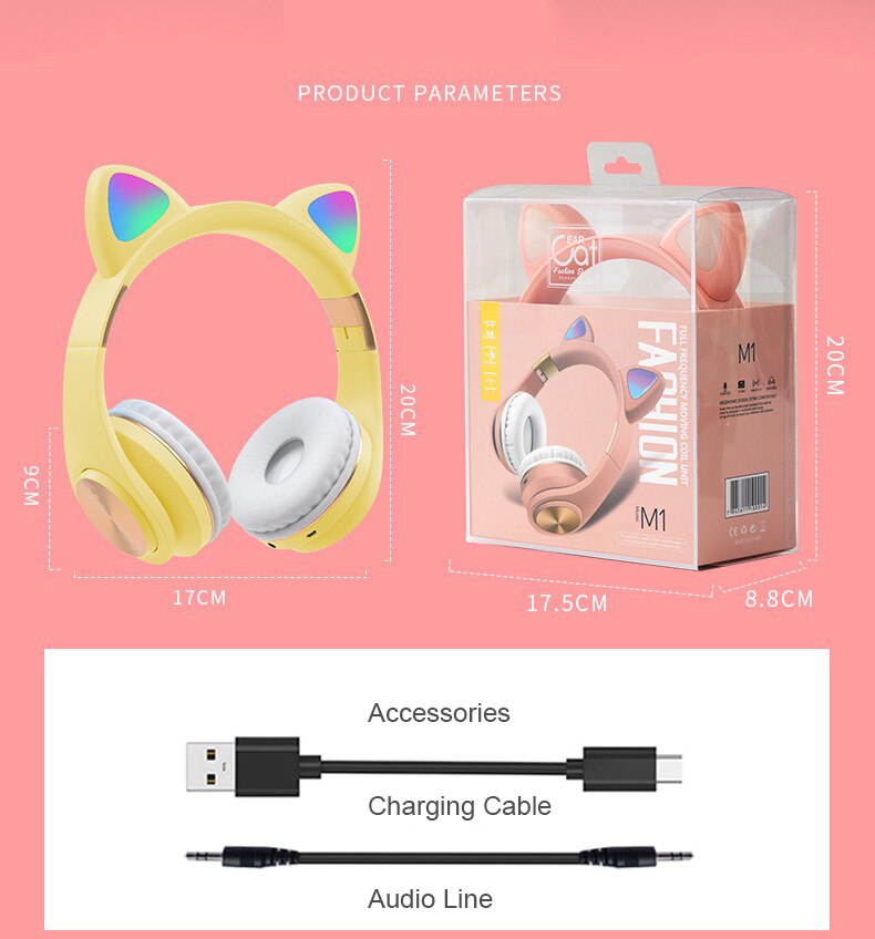 LED Cat Ear Headphones Bluetooth 5.0 Noise Cancelling Adults Kids Girl Headset Support TF Card FM Radio With Mic Wireless+Wired