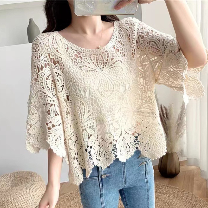 Sommer, uthulet heklet strikkegenser med blomsterprint, gjennomsiktig rund hals, slengt, 3/4- ermet crop top med skuldertrekk for kvinner