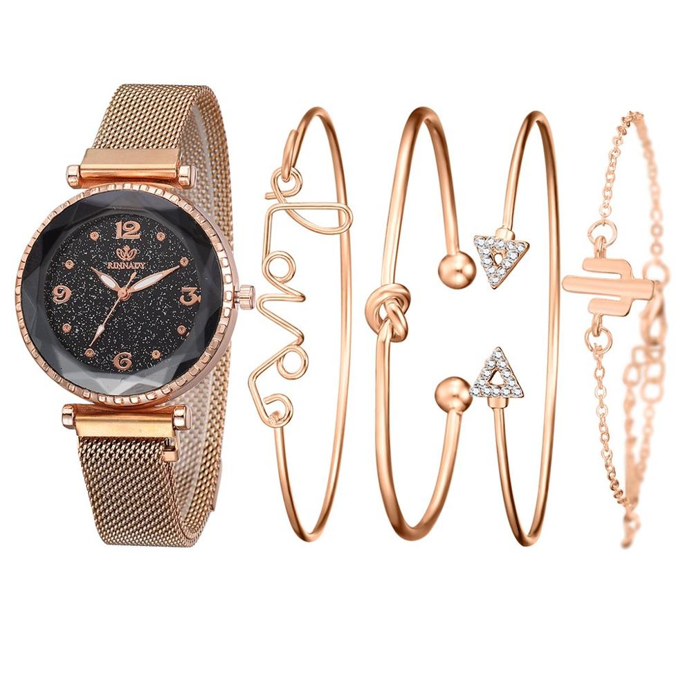 5 pièce/ensemble de luxe femmes montres ciel étoilé aimant boucle Bracelet montre-Bracelet chiffre romain Simple horloge: Rose
