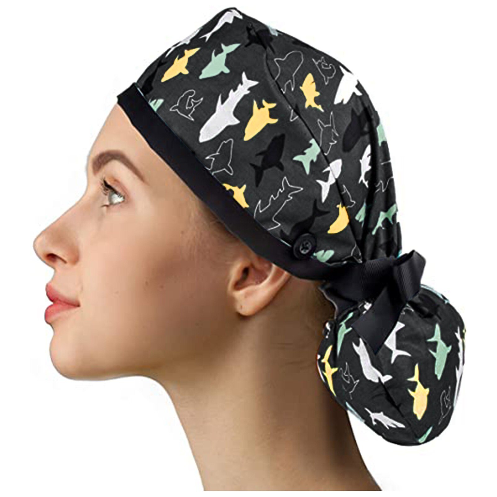 Vrouwen Lang Haar Werken Caps Met Knoppen Voor Masker Verstelbare Katoen Lint Stropdas Hoed Met Zweetband Scrub Cap Gorro Enfermera a2: D