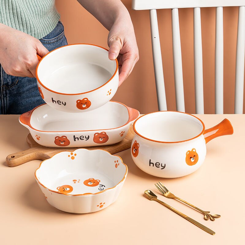 Cute Bear Bowl Plate Ceramic Household Oven Baking Bowl Baked Rice Plate Fruit Bowl Cartoon Tableware Set