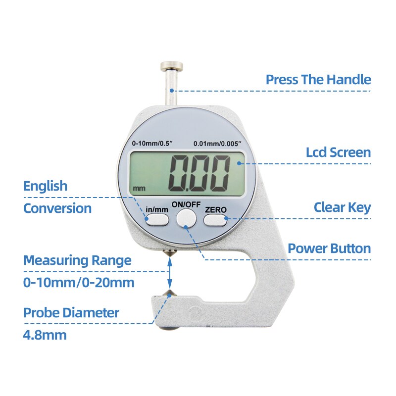 Digital Display Thickness Gauge Zinc Alloy Electronic LCD Micrometer Metric Imperial Wall Thickness Measurement Tools 0-10/20mm