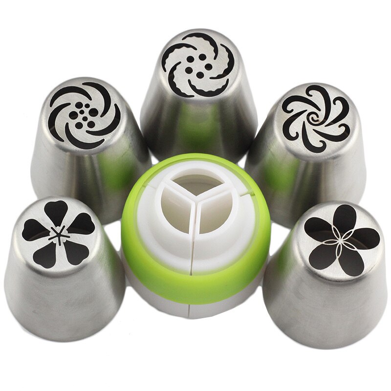 6Pcs/Set Stainless Steel Russian Icing Piping Tips Pastry Nozzles 1Pcs Coupler Cupcake Cake Decorating DIY Dessert