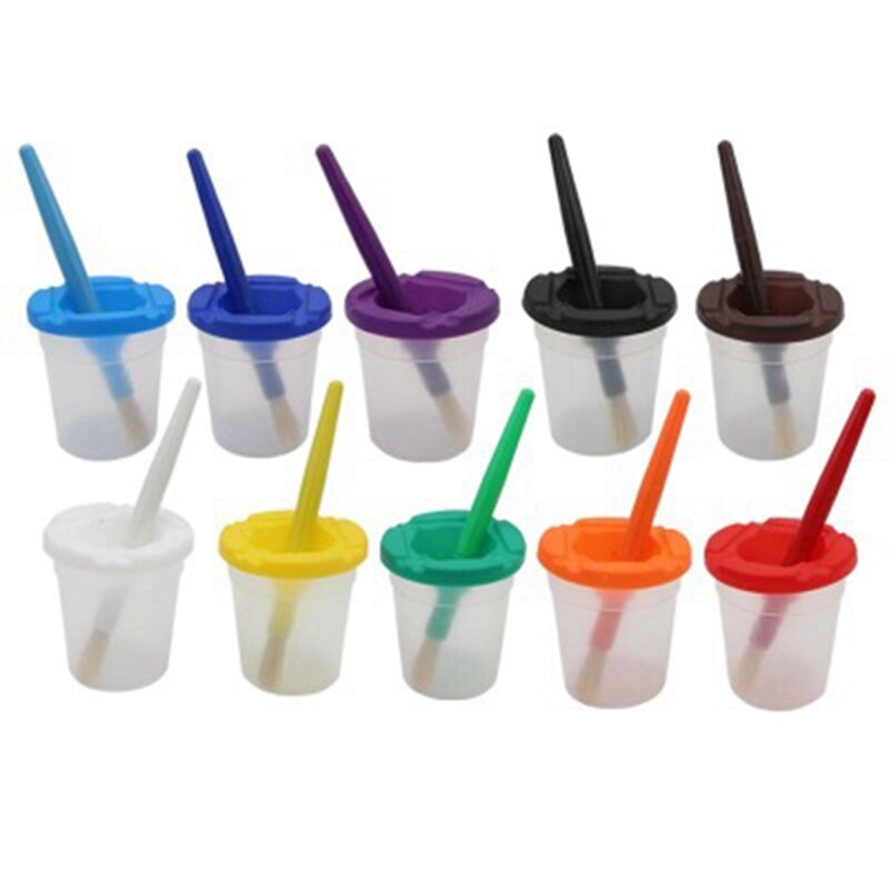 10Pcs Kids Drawing Tools Children Painting Brushes Cleaning Cup Set Color-Matched Paint Brushes Kit