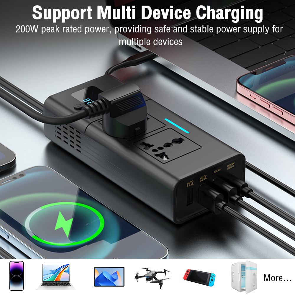 1 st multifunctionele auto 220 v omvormer 12 tot 220 spanningsomvormer 200 W voor 12 V voertuigen