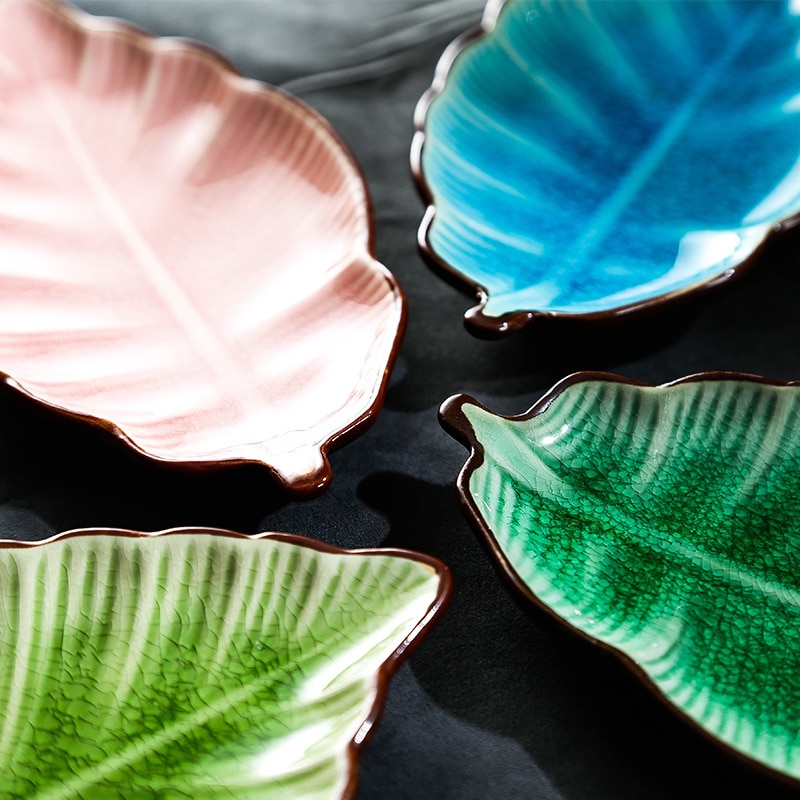 Japonés hielo Crack forma de hoja de cerámica, platos para aperitivos placa bajo esmalte de porcelana de la placa de la cena salsa picante plato de Sushi, torta bandeja