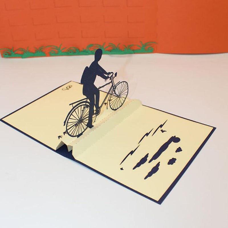 Campus Bicycle Boy Greeting Card 3D Paper Cut Greeting Card Blue Cover Postcard Greeting Card Decoration