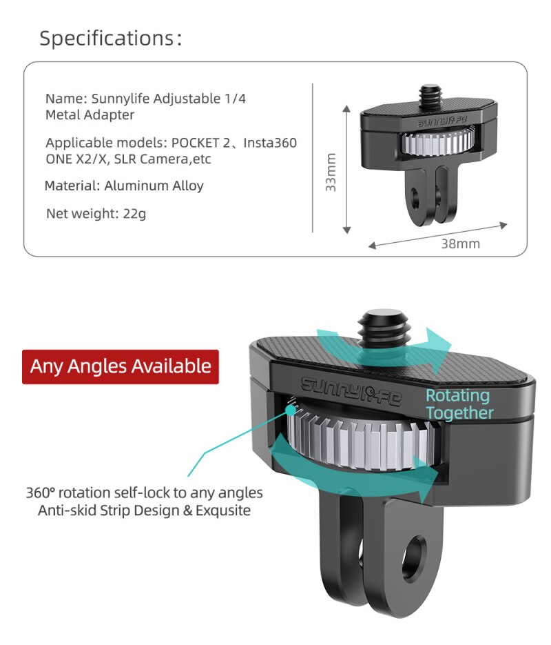 Sunnylife 1/4 Metall Adapter 360 Drehung Aluminium Legierung Adapter für Tasche 2/FIMI Palme 2/Insta360 Eine X2/SLR Kamera