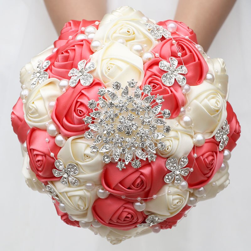 Handmade Ribbon Wedding Rose Flowers Rhinestone Bridal Bouquets Pearl Bridal Holding Bouquet Fleur Artificielle Mariage W224D: 18cm watermelon