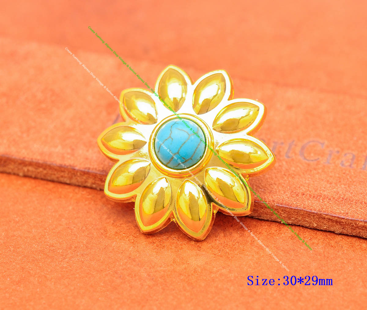 10 Pieces 30mm Flower Concho Screwbacks - Antique Copper With Blue Turquoise Center