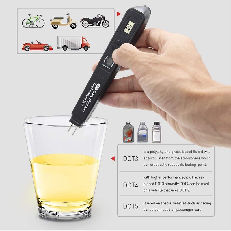 2 in 1 Portable Digital Brake Fluid Tire Pressure Tester, Auto Brakes Calibrated Tester with 3 Led Indicator