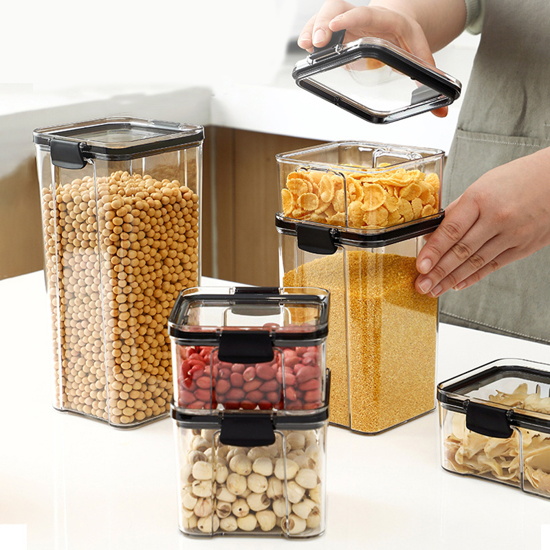Durchsichtiges Plastik vorrats glas mit luftdicht verschlossenem Küchen snacks Müsli bohnen stapelbarer wasserdichter, feuchtigkeit beständiger Lebensmittel behälter