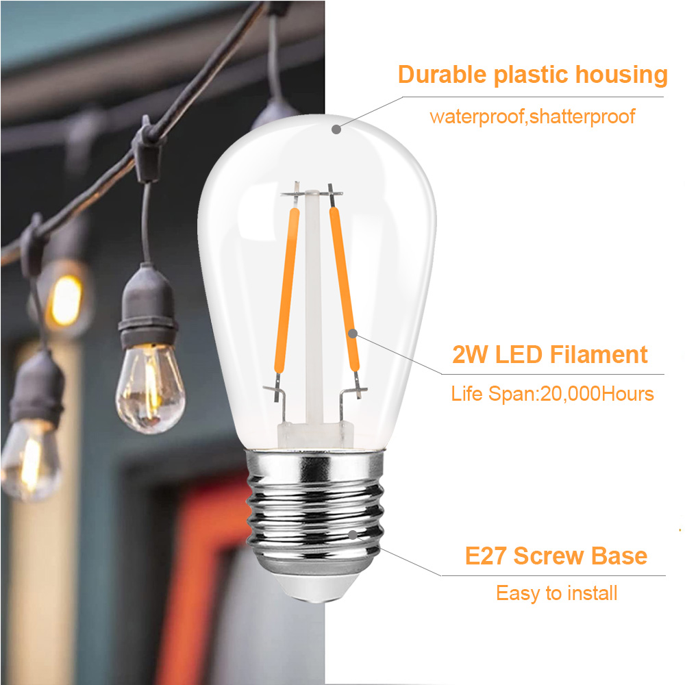 Genixgreen S14 2W String Glühbirne Warmweiß 2700K E27 Dimmbare wasserdichte Kunststoff-LED-Filament Vintage ST45 Ersatzlampen