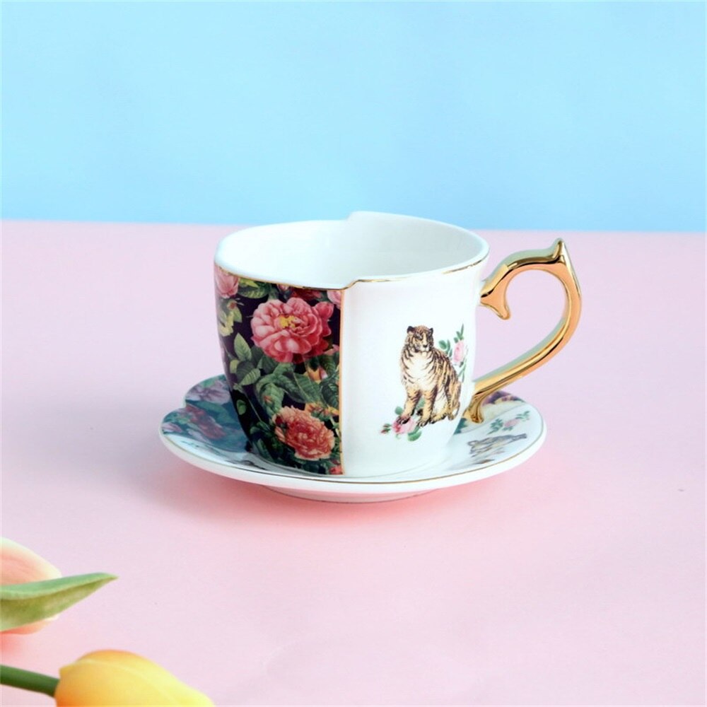 retro arabskie filiżanki robić kawy ceramika kubki spodki popołudniowe TeaSet Espresso filiżanka kawy asymetryczna róża i grafika z tygrysem porcelanowe kubki