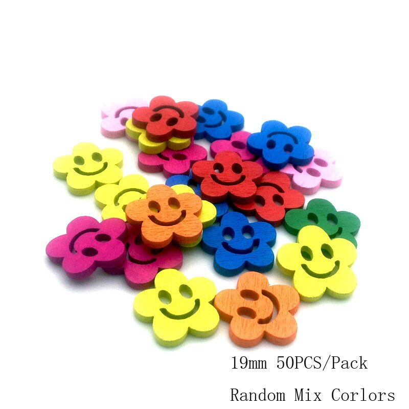Vêtements de couture pour enfants, 50 pièces, 2/4 trous, boutons mixtes en bois, accessoires multicolores, forme mixte Animal/fleur, bricolage, Scrapbooking13-25mm: SC204  19mm