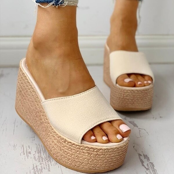 Sandales d'été avec plateforme et talons hauts compensés pour femme, chaussures estivales féminines à bout ouvert, style décontracté,: beige / 39