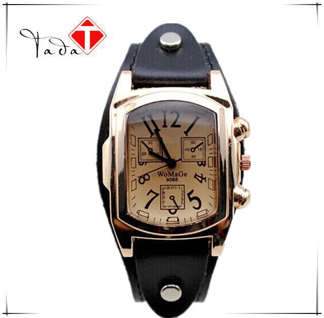 Dames heren rechthoekig analoog horloge met roestvrijstalen kast en leren band dames quartz sporthorloge: Zwart