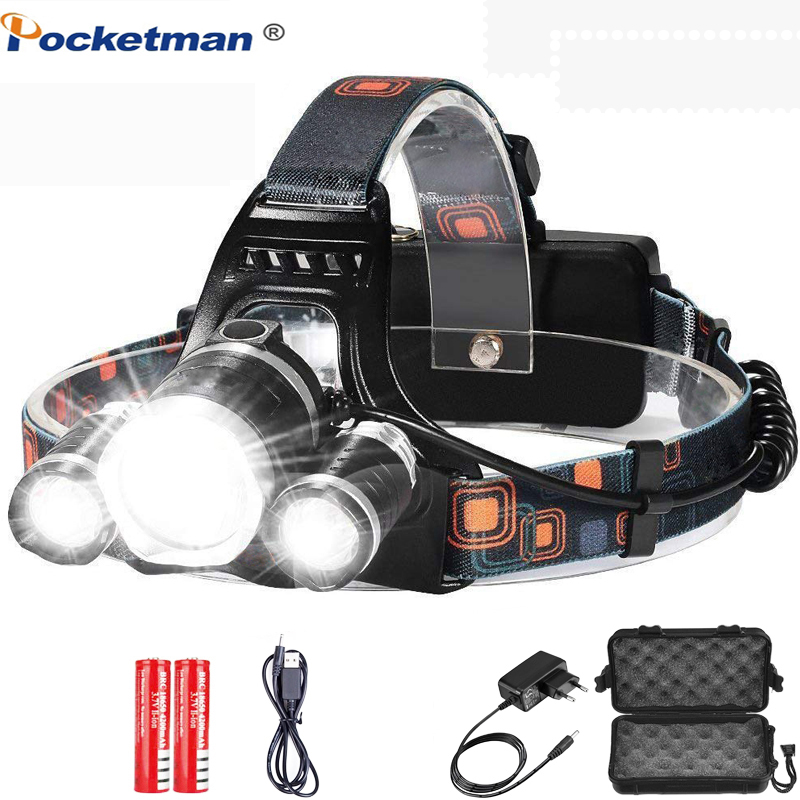 8000 Lumens 5 Led Headlamp XML T6 Head Lamp Powerful Led Headlight, with 18650 battery Flashlight Head Lights for Hiking