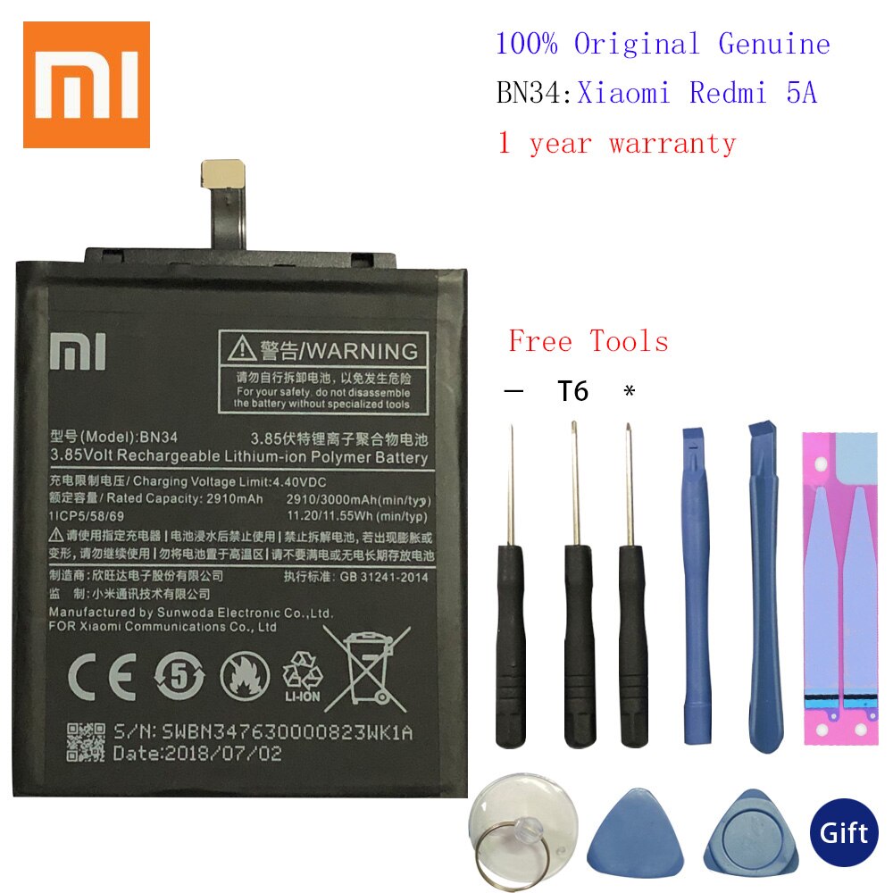 XiaoMi Original Replacement Battery For Xiaomi Note 3 4 4X 5 5A Pro Mi5 Mi 5X MI5S Redmi 3 3S 3X 4X 4A 5A 3 pro 5 Plus Batterie: BN34 Redmi 5A