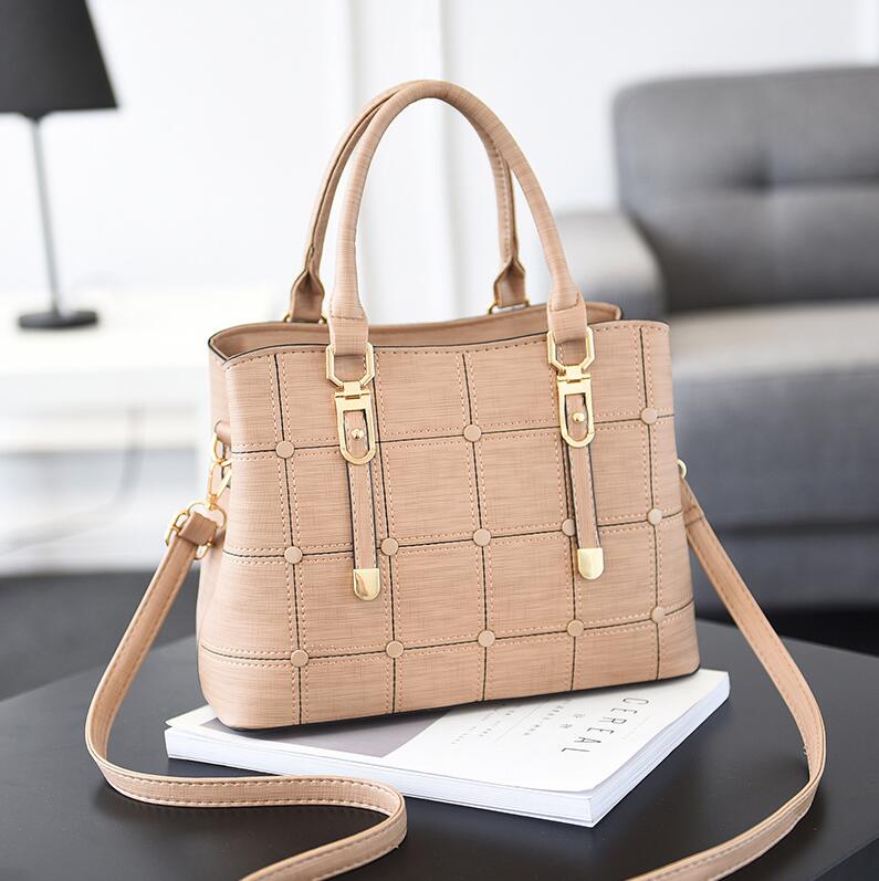 Pu Lederen Grote Capaciteit Vrouw Handtas Raster Schoudertas Mode Toevallige Luxe Crossbody Tas Dames Pursebag Mama Tas: Khaki