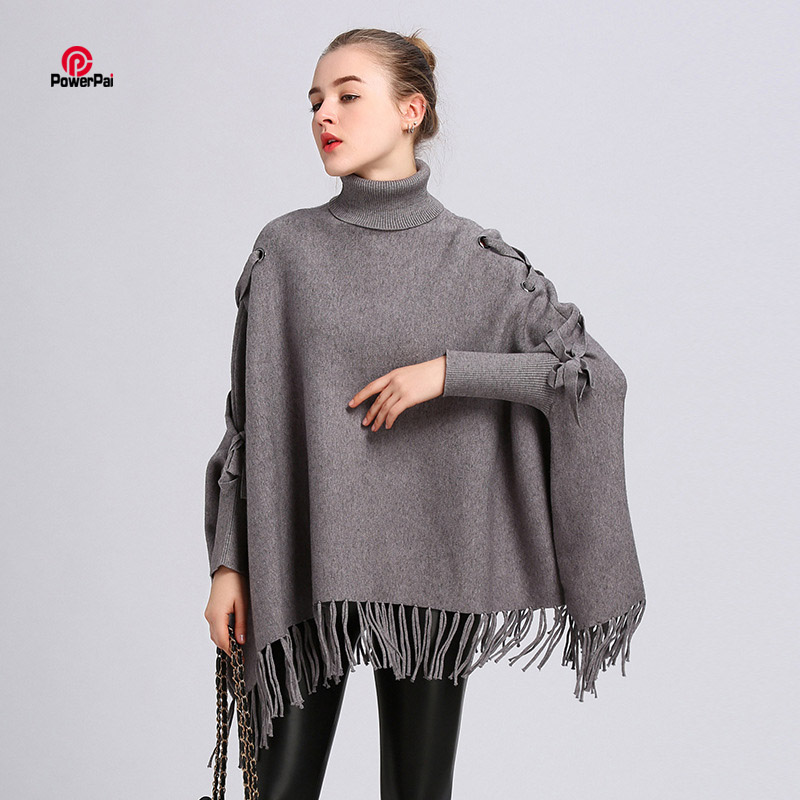 Noyau filé glands attache pull à col roulé en vrac manches chauve-souris pull Cape femmes automne hiver Poncho manteau: Gris