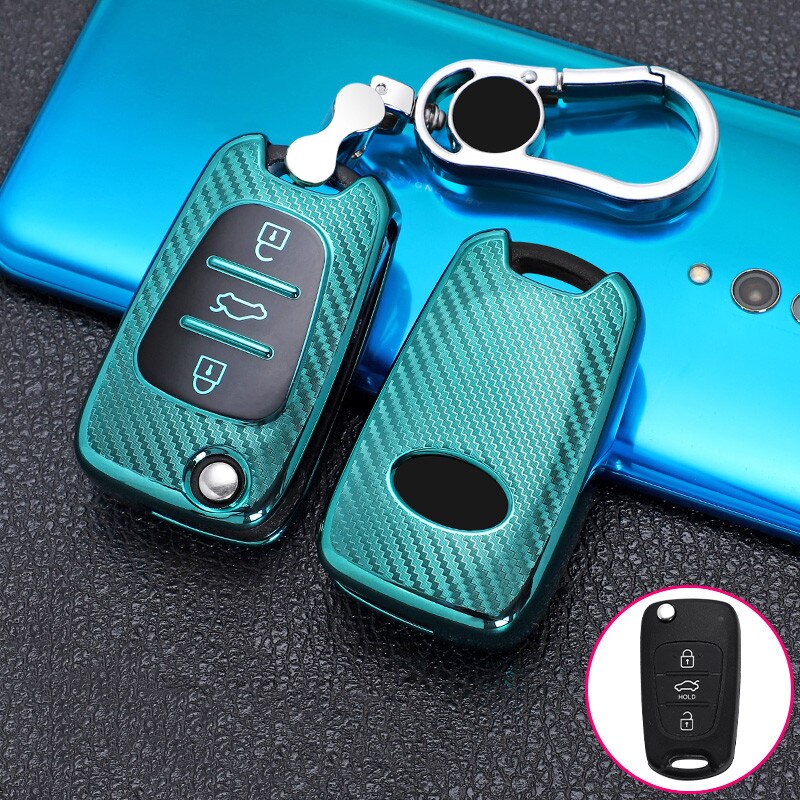 3 boutons en Fiber de carbone TPU voiture à distance clé à rabat housse coque gousset pour Hyundai I30 IX35 Verna pour KIA Sportage Sorento Rondo Soul RIO: Green one set