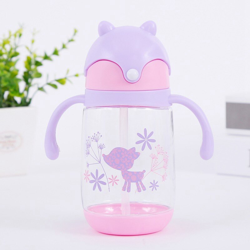 300ml Cute Fox Baby Feeding Cup with Straw Children Learn Feeding Drinking Bottle with Handle Kids Training Cup