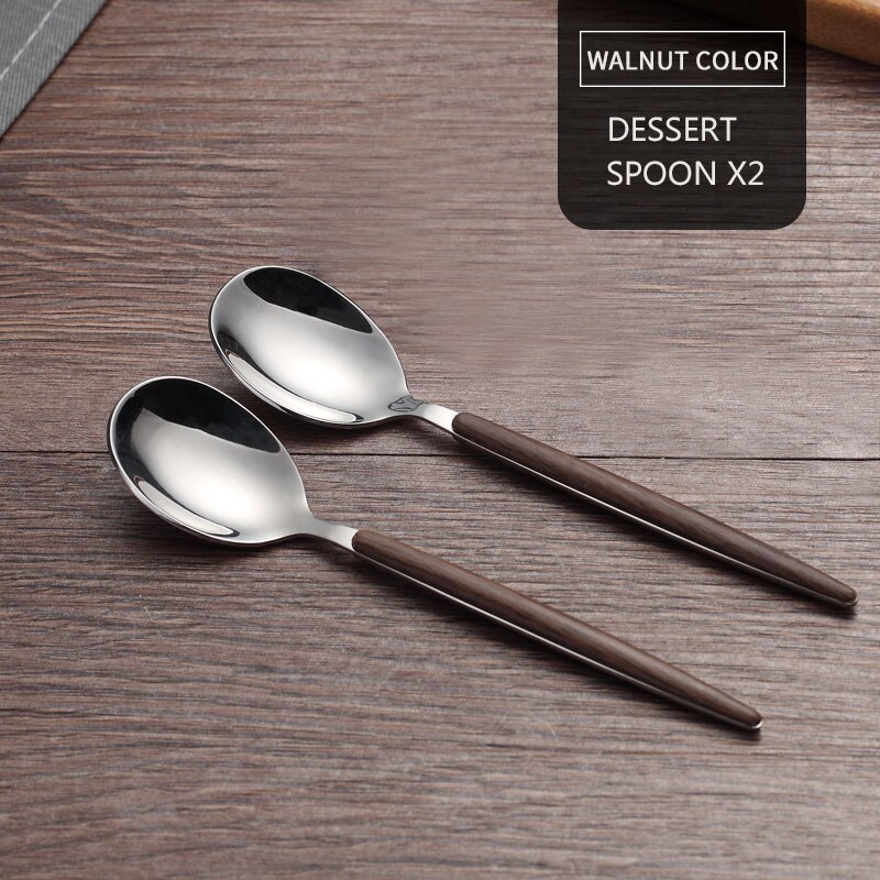 WORTHBUY 2 Pcs/Set Fruit Fork Spoon Set 304 Stainless Steel Salad Fruit Fork Dessert Spoon Bento Food Picks Kichen Accessories: Walnut 2 Spoon