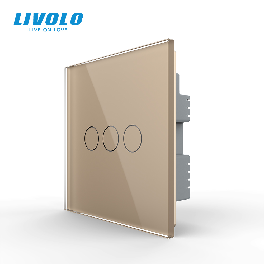 Livolo UK standard Wall Light Touch Switch,Glass Panel,touch sensor control,with led backlight,1-4gangs,wall touch switch: 3Gang Gold