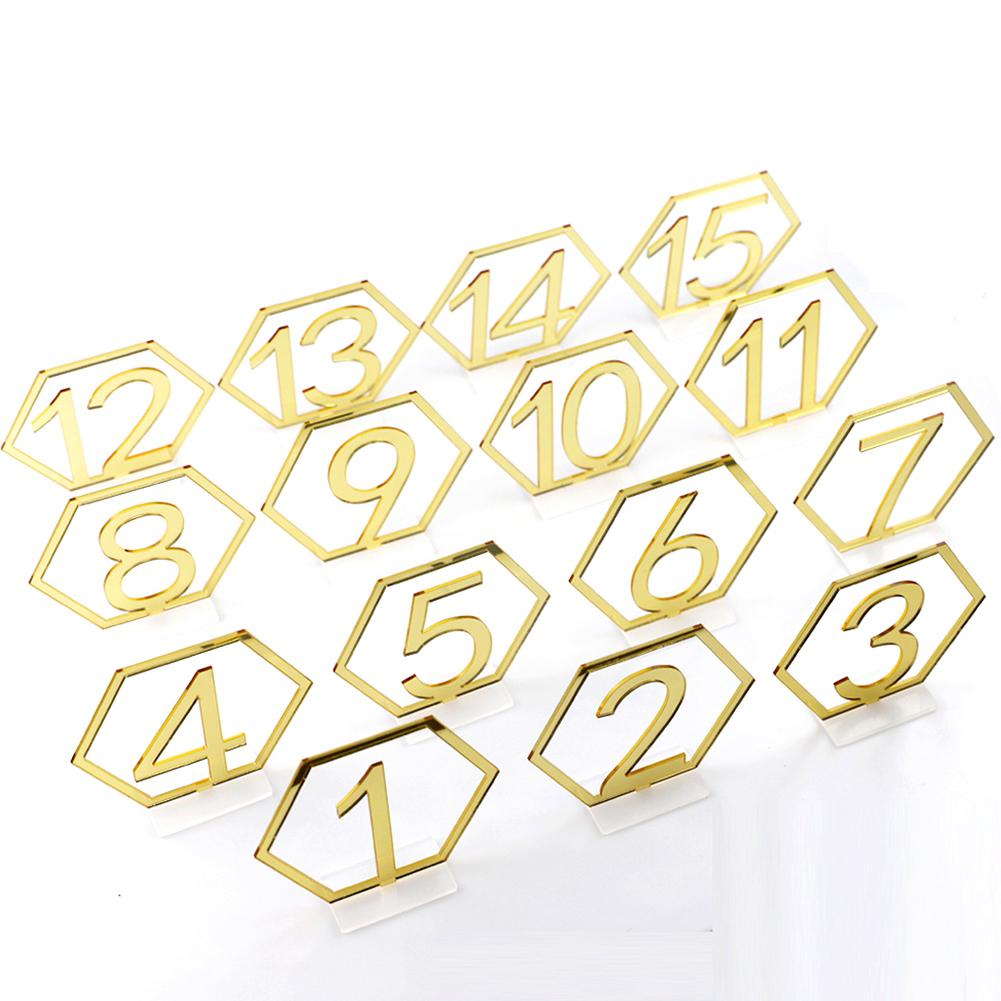 Asypets 1-15 sekskantede bordskilt akryl spejl nummer symboler til bryllupsfest dekoration: Guld