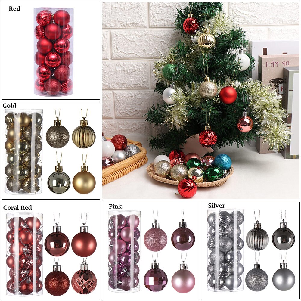 24Pcs 4cm Gold Pink Champagne Red Metallic Christmas Balls Year Christmas Tree Hanging Balls Xmas Home Decor