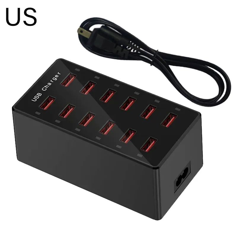 USB-laadstation 12-poorten oplader Desktop laadstation USB-oplaadhub Abs snel opladen mobiele telefoon US / EU / UK-stekker: Donkergrijs