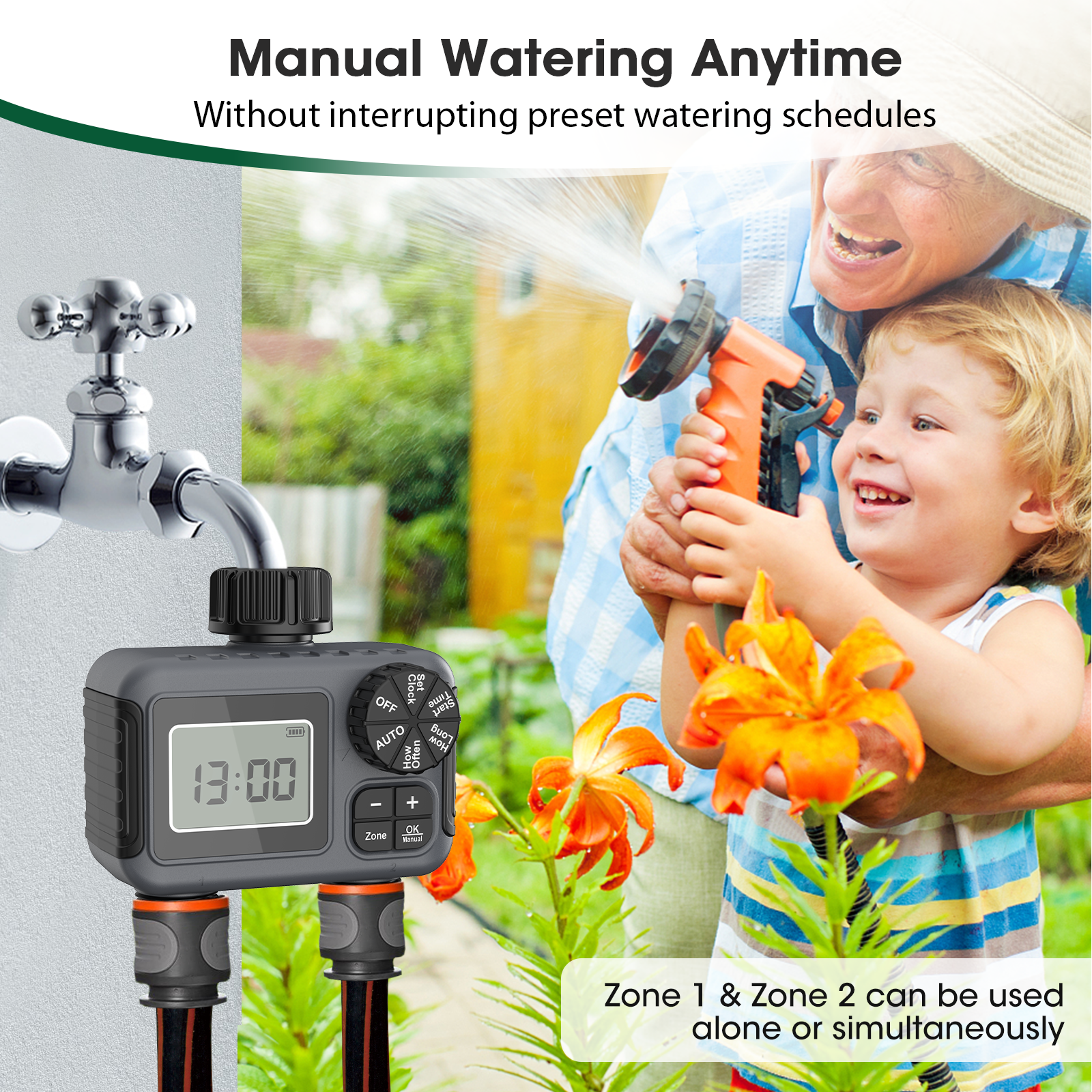 Insoma 2-Zonen-Sprinkler-Timer, programmierbarer Gartenschlauch-Timer, wassersparender Bewässerungsregler für Rasen- und Hof-Tropfsysteme, IPX5