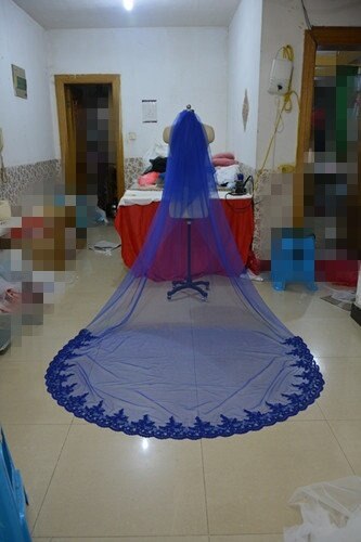 Velo de novia de 2 capas de encaje azul, velo de novia con peineta, accesorios de boda