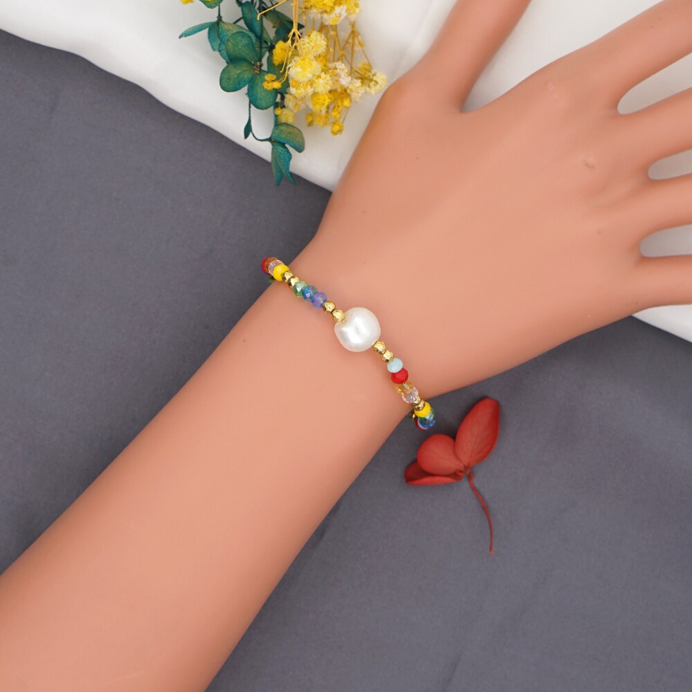 gehen2Boho Süßwasser Perle Charme Armbänder Für Frauen Schmuck Sommer Strand Bunte Kristall Perlen Armbinde Pulseras Joyerias