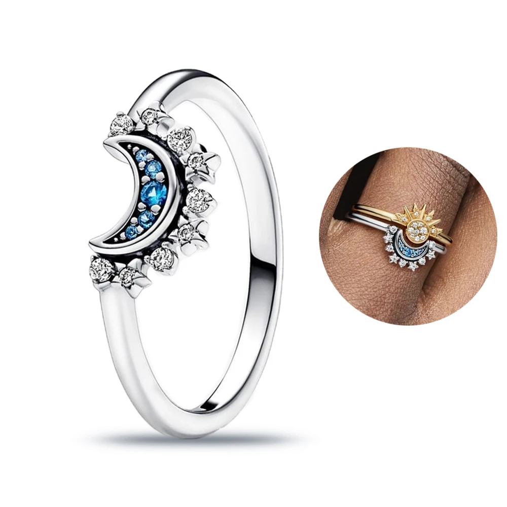 Original Sterling Silver 925 Ring Star and Moon Combination Series Rope Double Layer Ring Women's Wedding Engagement Ring: WHITE / 9