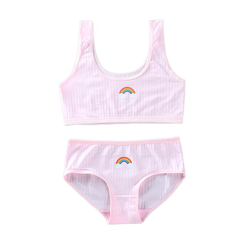 Conjunto de ropa interior de 2 piezas para adolescentes, sujetador de entrenamiento de algodón con estampado de puente de arcoíris, Top y bragas, Bralette deportivo: Pink