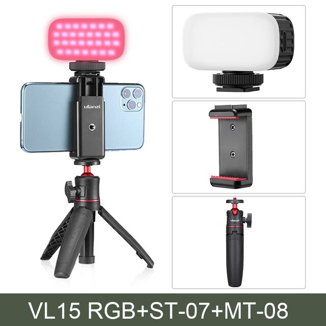 Ulanzi VL15 Mini Rgb Led Video Licht Draagbare Vlog Licht Met Koud Schoen Voor Smartphone Gopro Camera 2W 750mah Type-C Opladen: VL15 ST-07 MT-08