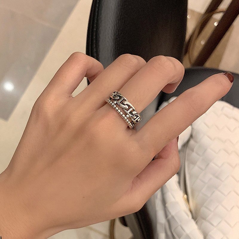 Foxanry Vintage Punk 925 Sterling Silver Rings for Women Simple Double-layered Geometric Thai Silver Party Jewelry: Double layer