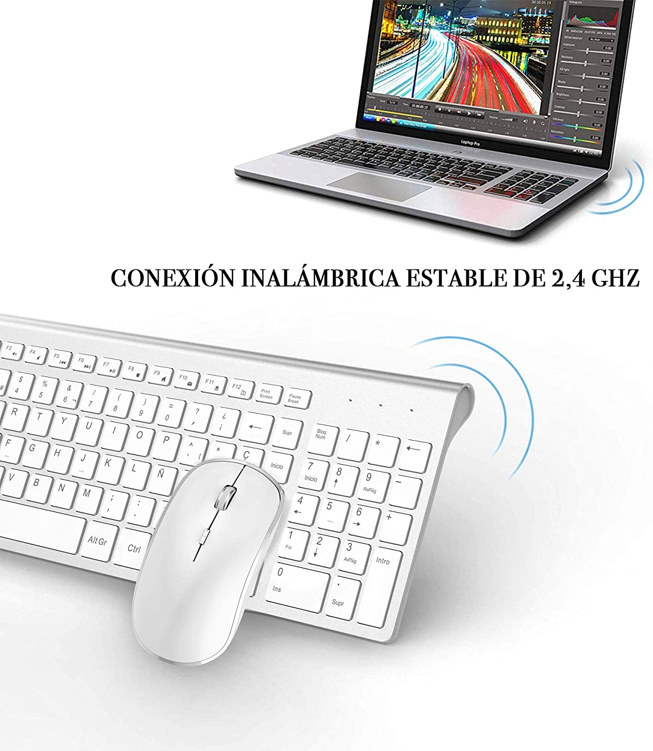 Zienstar Spanish 2.4G Stable Connection Wireless Keyboard Mouse Set with USB Receiver for Macbook PC Laptop TV BOX and Smart TV