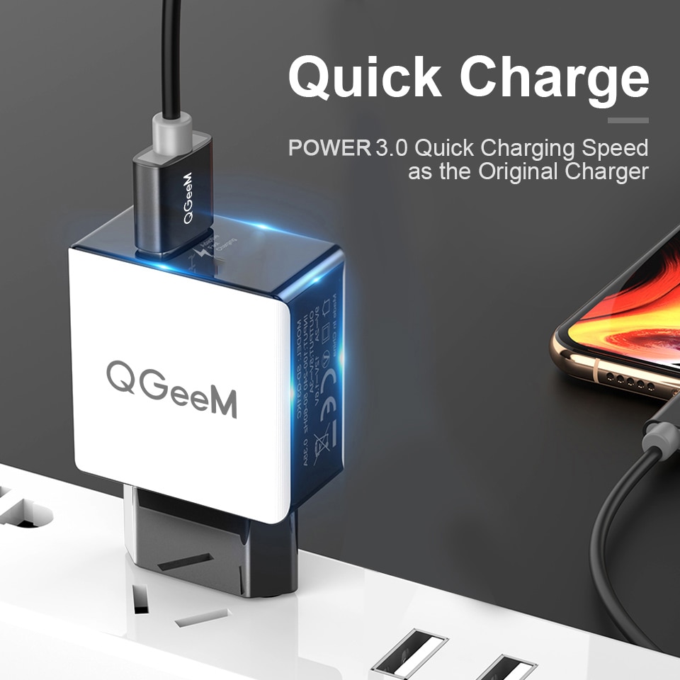 QGEEM-cargador USB QC 3,0, adaptador de carga rápida 3,0, dibujo de fibra, para iPhone, Xiaomi Mi9, UE, EE. UU.