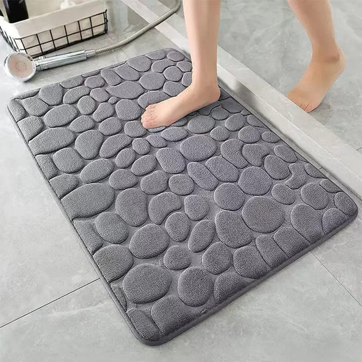 3D antiderrapante banheiro esteira, absorvente capacho, cobblestone gravado tapete, porta tapetes, máquina lavável, secagem rápida: Cinza claro / 1400MMx2000MM