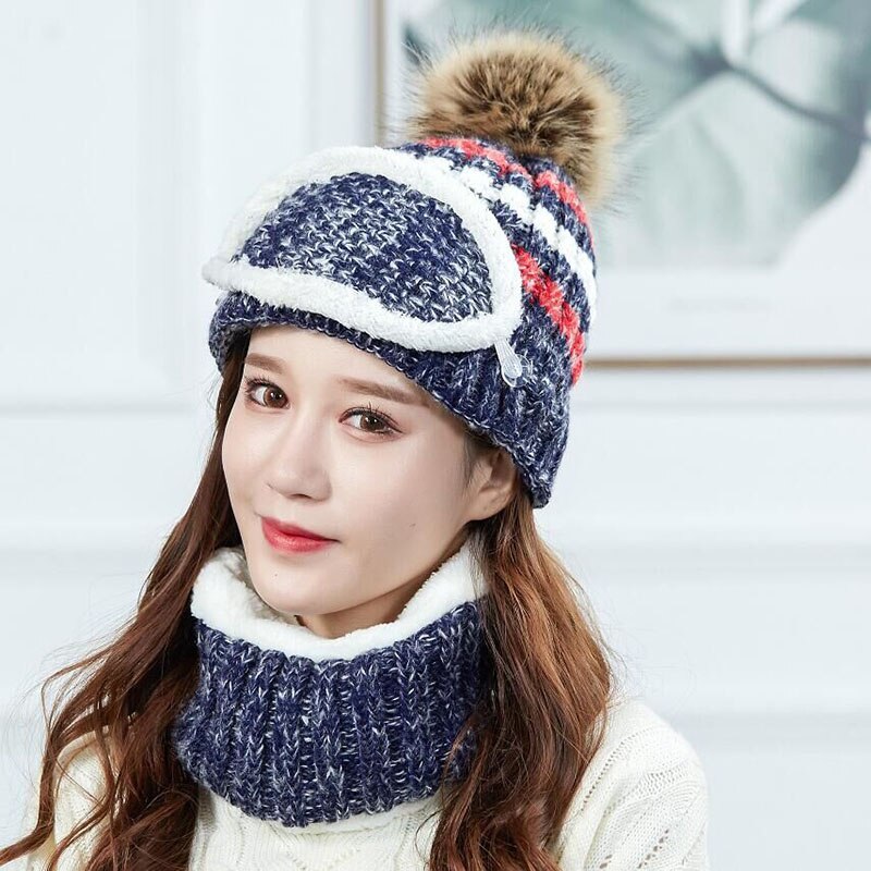 Gebreide wintermasker muts sjaal set dames dikke pompom mutsen ringsjaal warme wollen winteraccessoires voor dames winterset: Marine