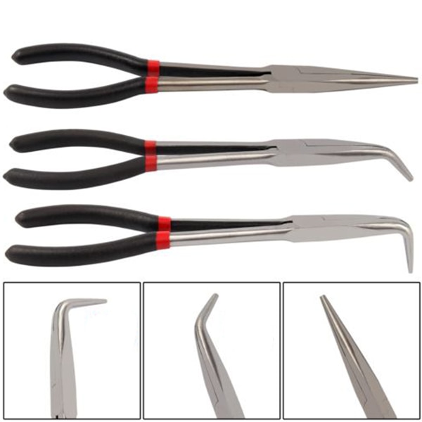 3X 11 inch EXTRA LONG NOSE PLIERS SET STRAIGHT &amp; BENT TIP MECHANIC GRIP HAND TOOL