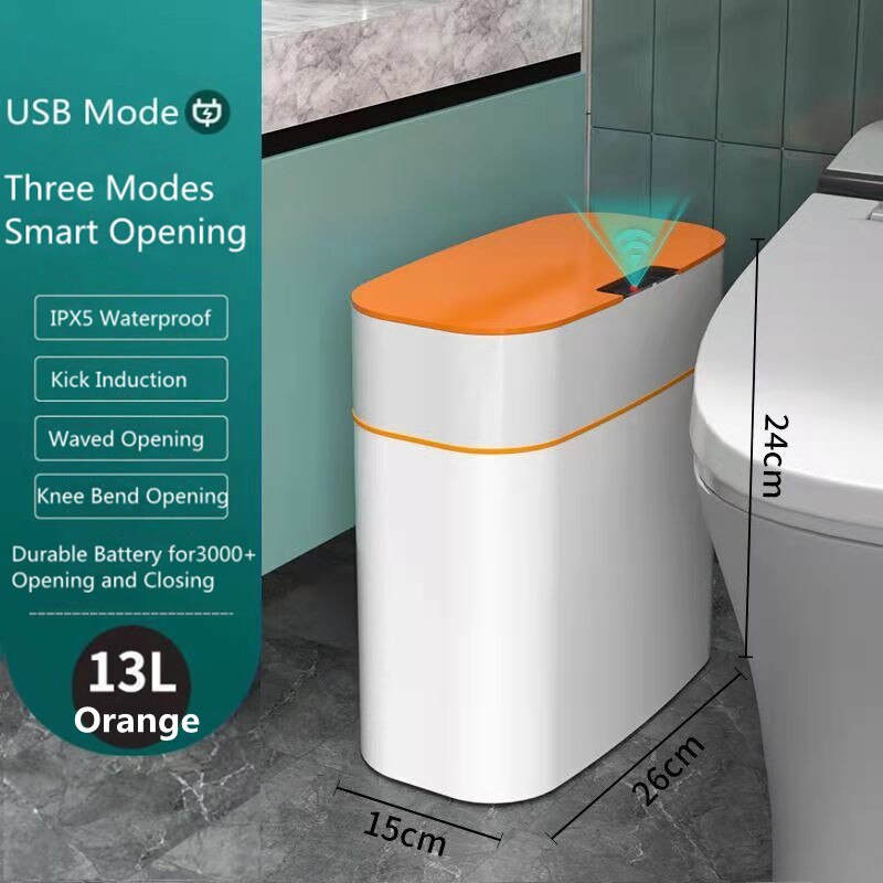 Smart Trash Can Intelligent Sensor Dustbin Electric Automatic Rubbish Can Waterproof Dustbin Household Kitchen Toilet Bin: 13L USB Orange