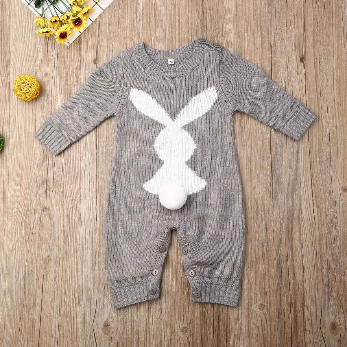 Helt nyfødt baby dreng pige strik uld romper efterår vinter varm 3d kanin jumpsuit outfit tøj playsuit jumpsuit: Grå / 6m
