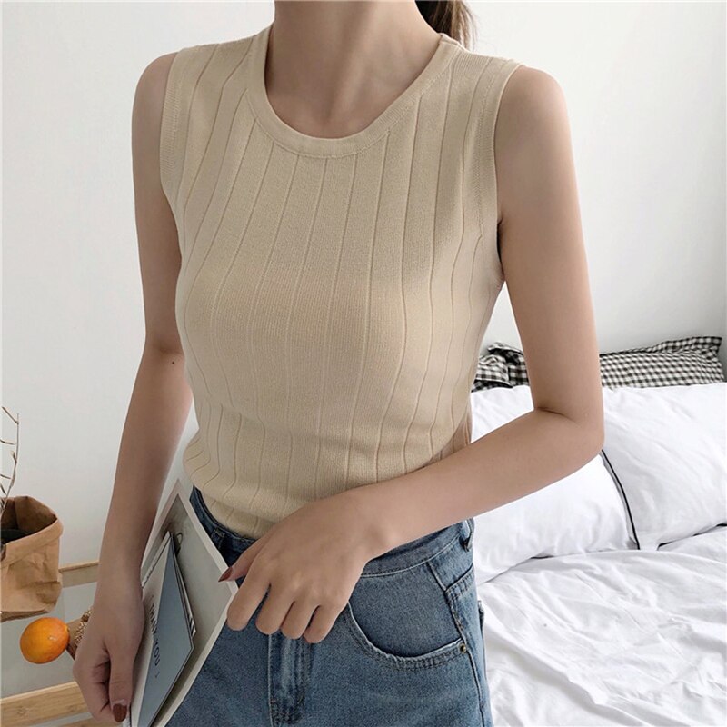 Mujer sorte tank tops kvinder sommer top elasticitet hvid strikket stribet afslappet dametøj camiseta haut femme verano