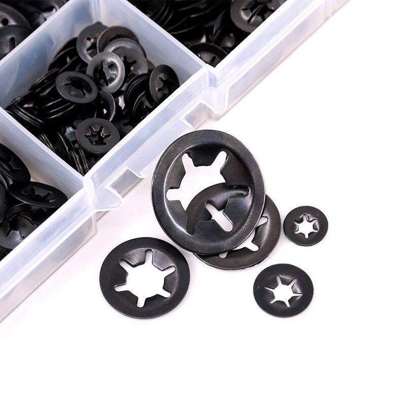 340 st interna tand starlock brickor snabbhastighets låsbrickor tryck på hastighet clips fästelement sortiment kit, svart oxid fini