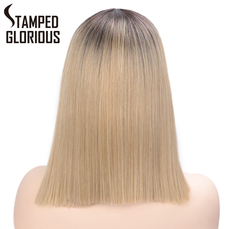 Stamped Glorious Ombre Blonde Lace Front Pruik Korte Rechte Synthetische Pruiken Voor Vrouwen Midden Divisie Haarlijn Hittebestendige